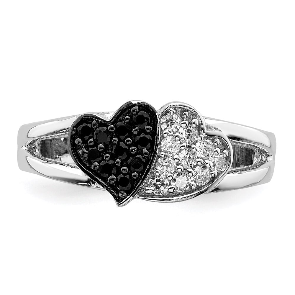 Sterling Silver Clear & Black CZ Hearts Ring