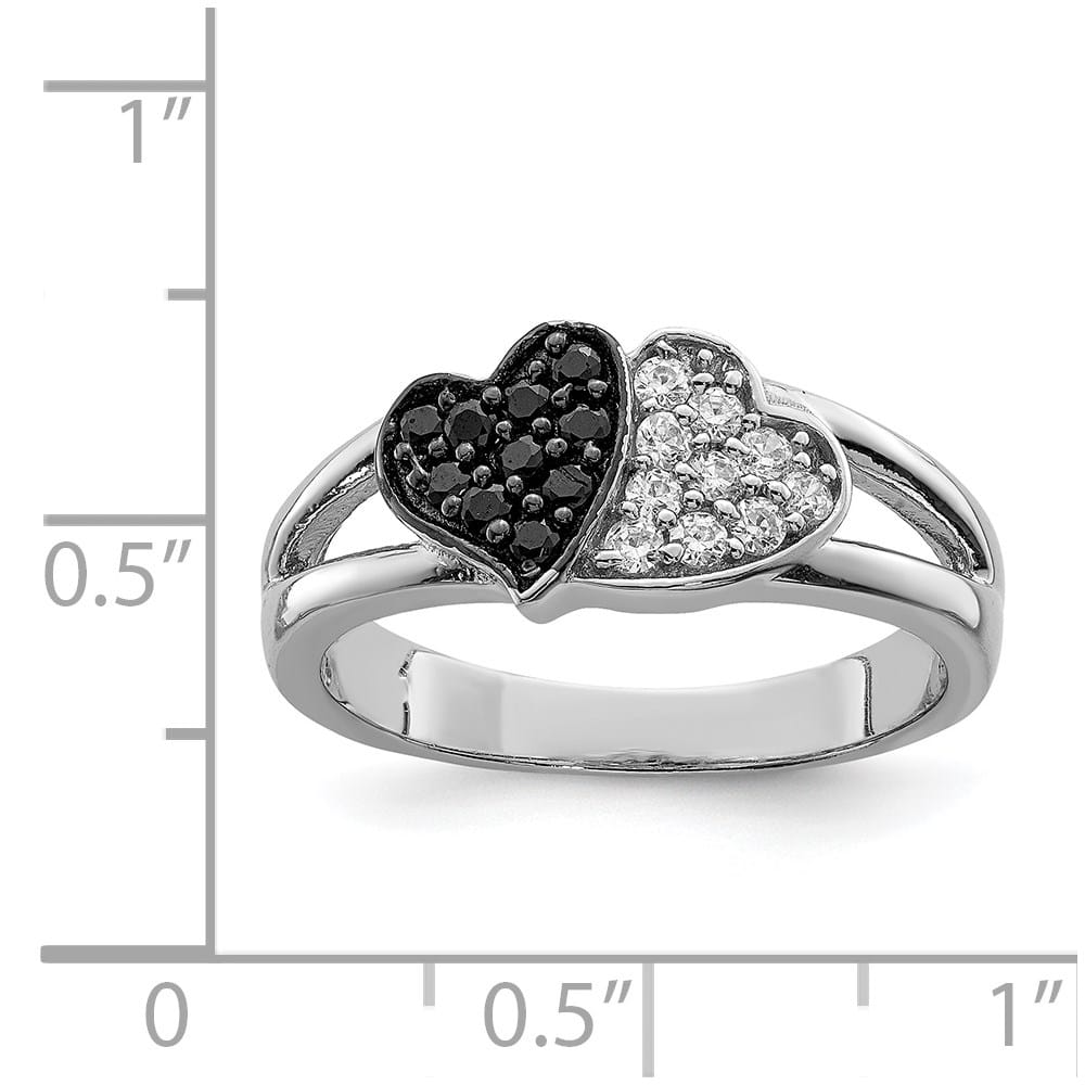 Sterling Silver Clear & Black CZ Hearts Ring
