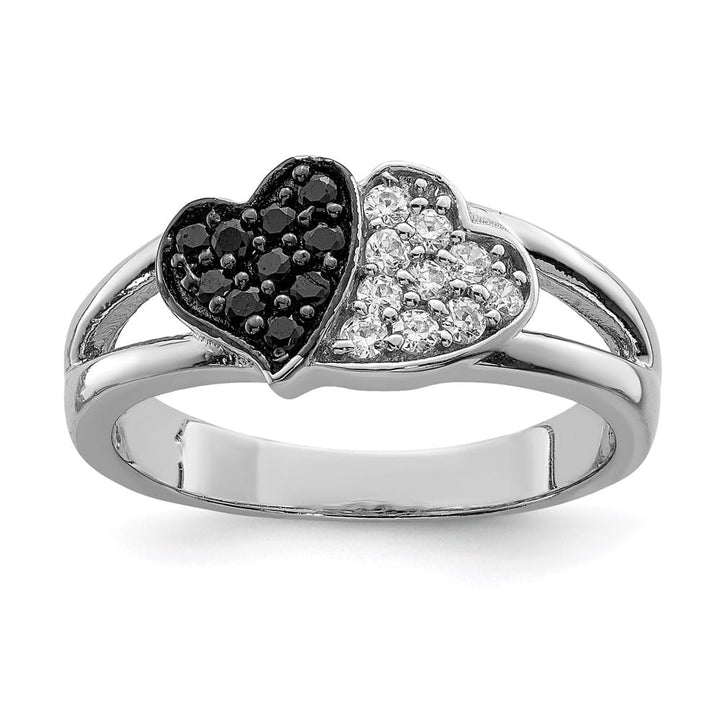 Sterling Silver Clear & Black CZ Hearts Ring