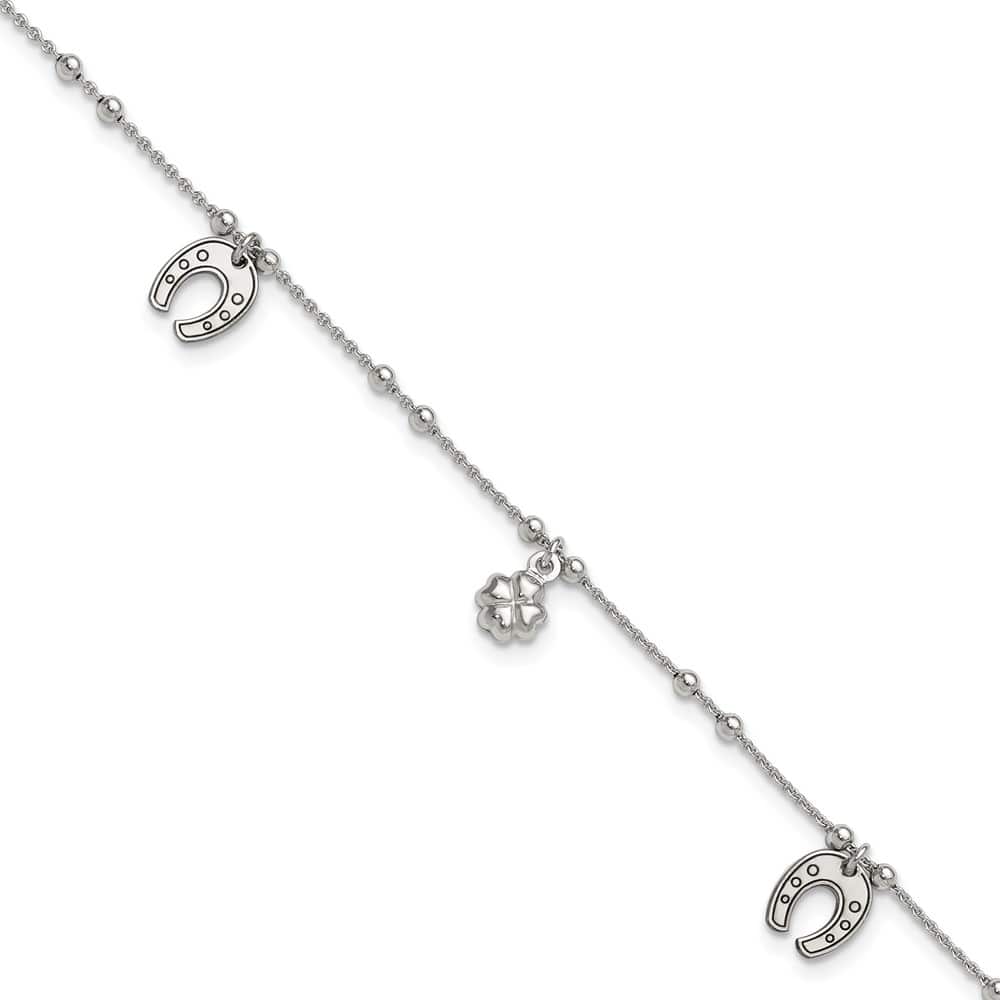 Sterling Silver Clover/Horseshoe Anklet — .925 sterling silver, 10 inches long, 1 inch extension, 1.15 mm wide, lobster clasp, 4.37 g