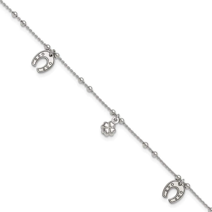 Sterling Silver Clover/Horseshoe Anklet — .925 sterling silver, 10 inches long, 1 inch extension, 1.15 mm wide, lobster clasp, 4.37 g