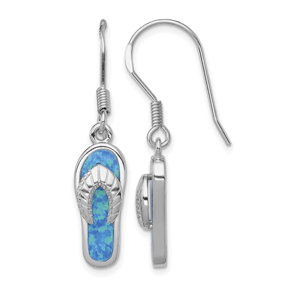 Sterling Silver Created Blue Inlay Opal Sandal Dangle Earrings, view 1 of 4