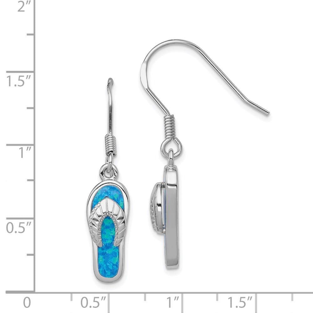 Sterling Silver Created Blue Inlay Opal Sandal Dangle Earrings, view 4 of 4