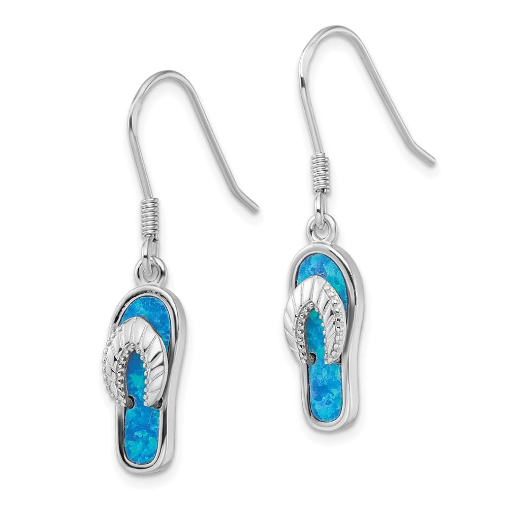 Sterling Silver Created Blue Inlay Opal Sandal Dangle Earrings, view 2 of 4