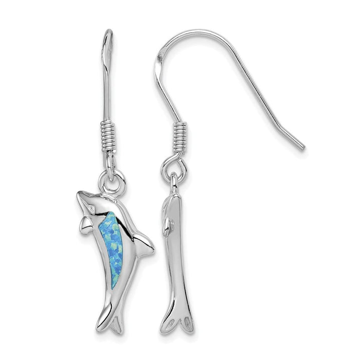 Sterling Silver Created Blue Opal Inlay Dolphin Dangle Earrings, view 1 of 4