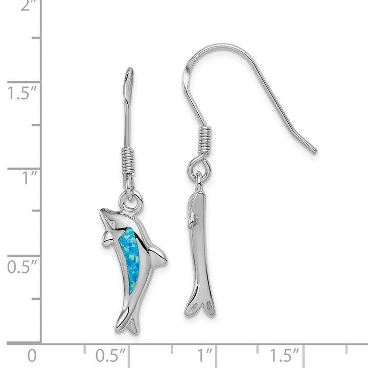 Sterling Silver Created Blue Opal Inlay Dolphin Dangle Earrings, view 4 of 4