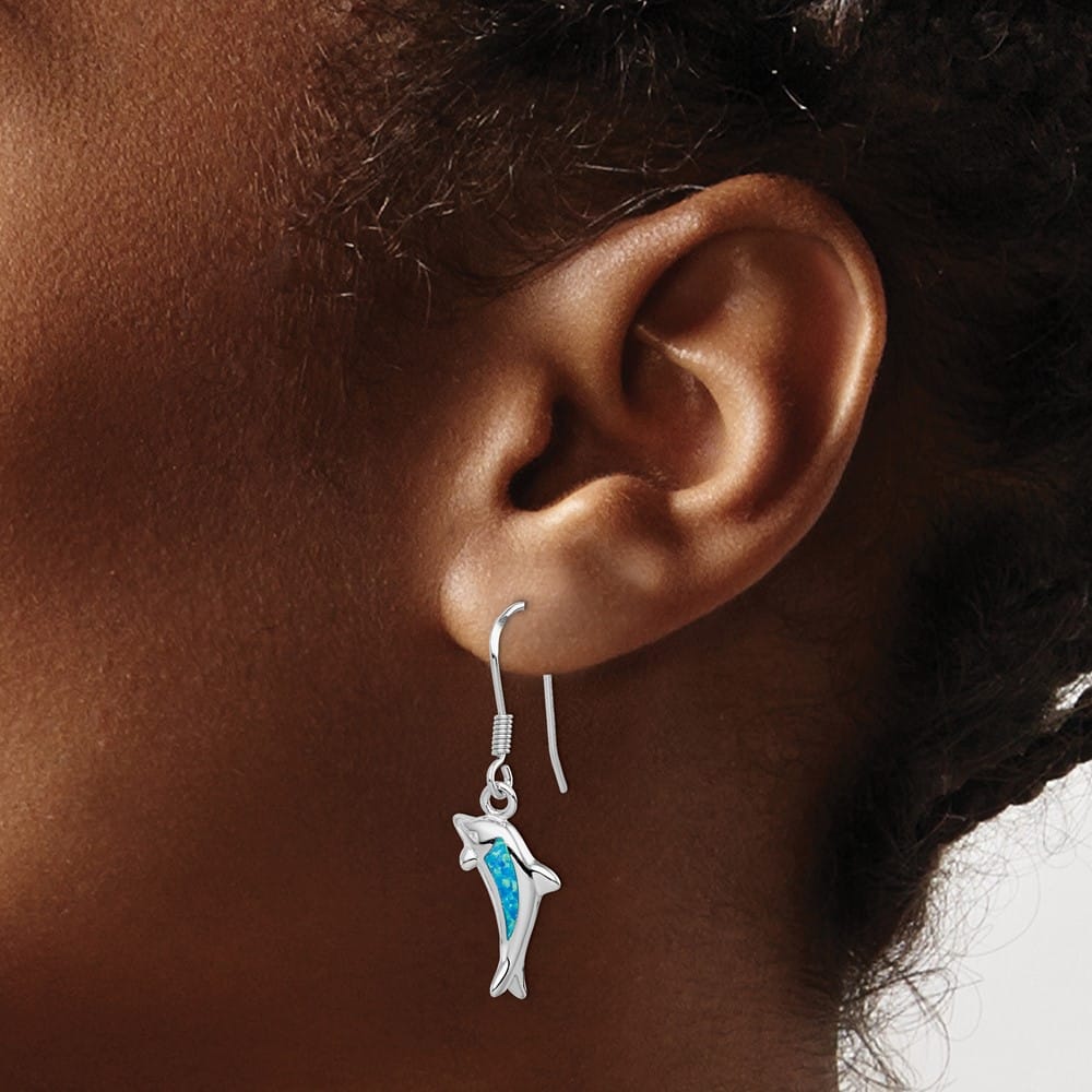 Sterling Silver Created Blue Opal Inlay Dolphin Dangle Earrings, view 3 of 4