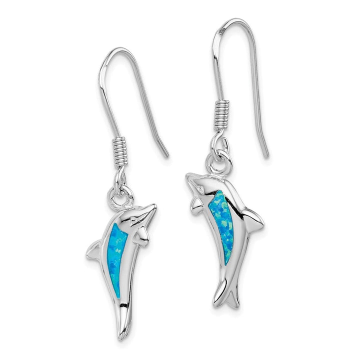Sterling Silver Created Blue Opal Inlay Dolphin Dangle Earrings, view 2 of 4