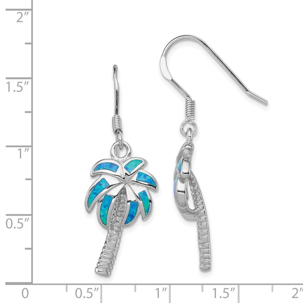 Sterling Silver Created Blue Opal Inlay Palm Tree Dangle Earrings, view 4 of 4