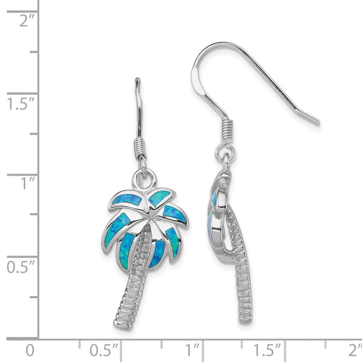 Sterling Silver Created Blue Opal Inlay Palm Tree Dangle Earrings, view 4 of 4