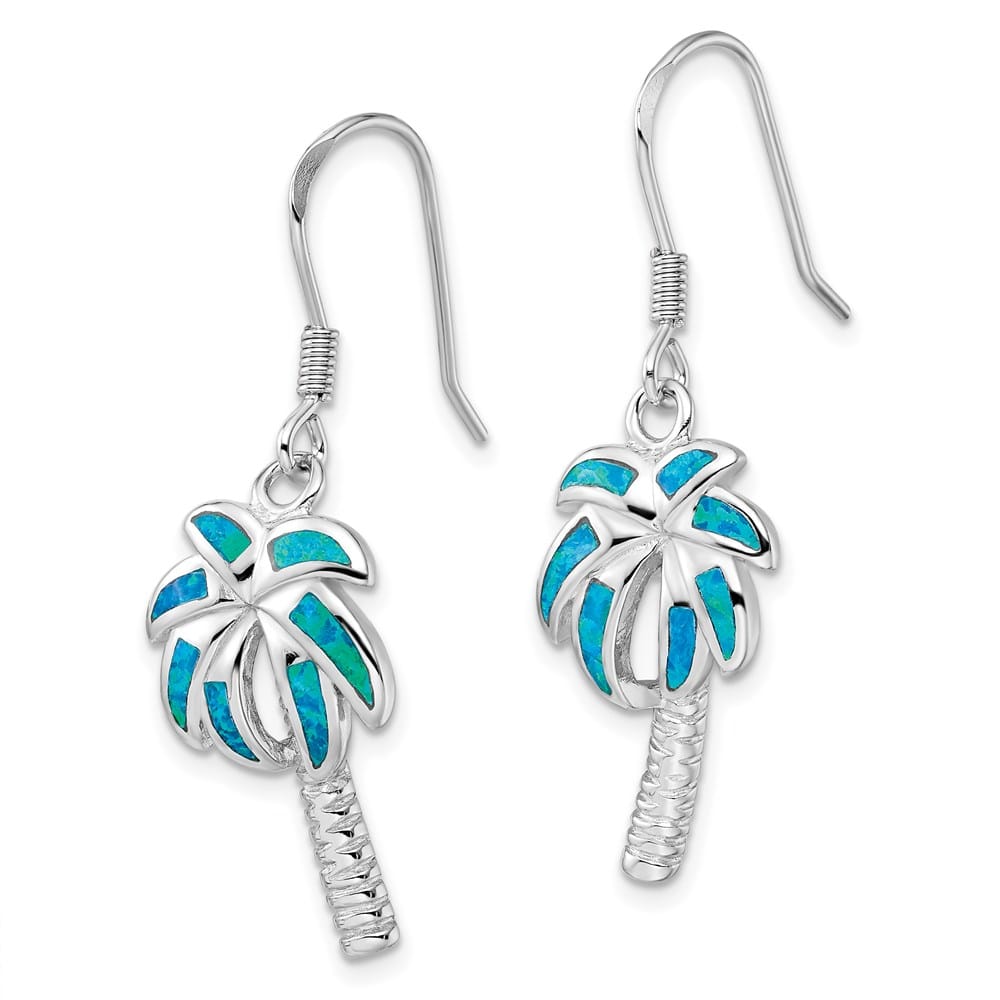 Sterling Silver Created Blue Opal Inlay Palm Tree Dangle Earrings, view 2 of 4
