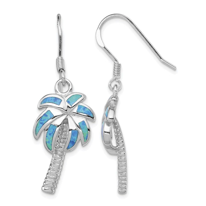Sterling Silver Created Blue Opal Inlay Palm Tree Dangle Earrings, view 1 of 4