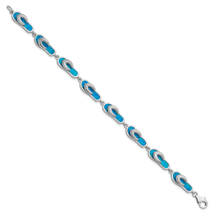 Sterling Silver Created Blue Opal Inlay Sandal Bracelet 7 Inch
