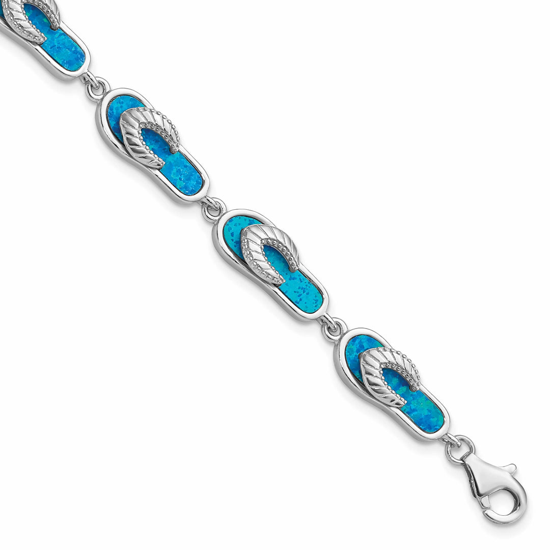 Sterling Silver Created Blue Opal Inlay Sandal Bracelet 7 Inch