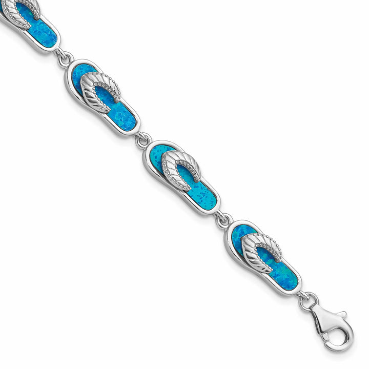 Sterling Silver Created Blue Opal Inlay Sandal Bracelet 7 Inch