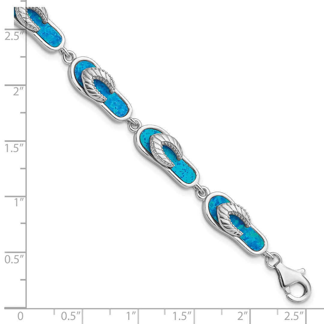 Sterling Silver Created Blue Opal Inlay Sandal Bracelet 7 Inch