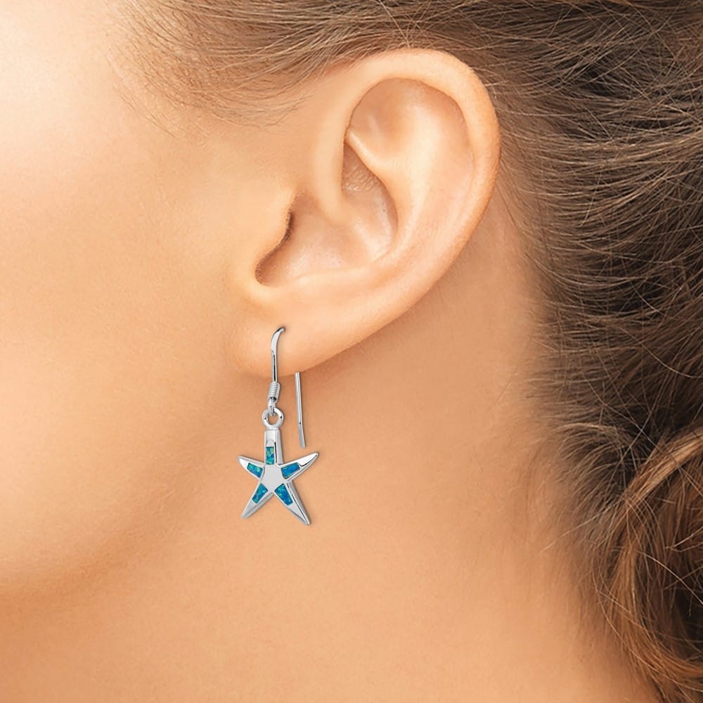 Sterling Silver Created Blue Opal Inlay Starfish Dangle Earrings, view 3 of 4