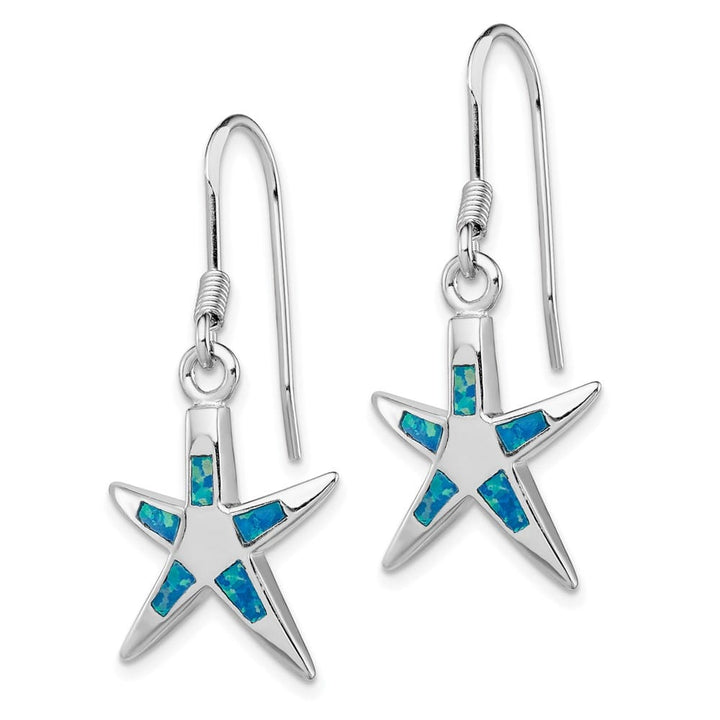Sterling Silver Created Blue Opal Inlay Starfish Dangle Earrings, view 2 of 4