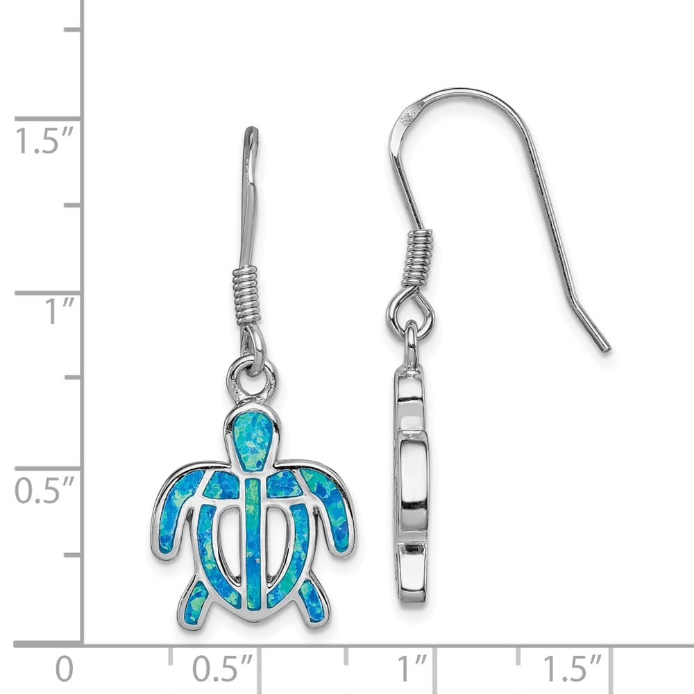 Sterling Silver Created Blue Opal Inlay Tortoise Dangle Earrings, view 4 of 4