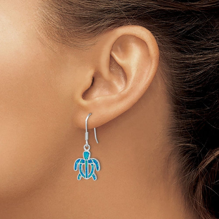 Sterling Silver Created Blue Opal Inlay Tortoise Dangle Earrings, view 3 of 4