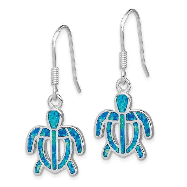 Sterling Silver Created Blue Opal Inlay Tortoise Dangle Earrings, view 2 of 4