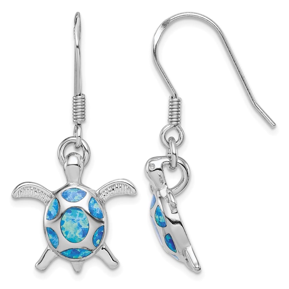 Sterling Silver Created Blue Opal Turtle Shepherd Hook Earrings, view 1 of 4