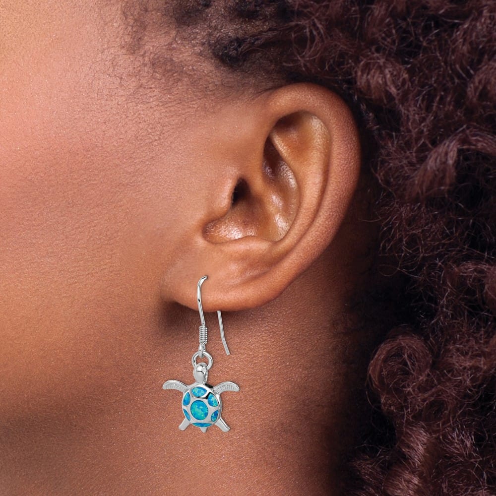 Sterling Silver Created Blue Opal Turtle Shepherd Hook Earrings, view 3 of 4