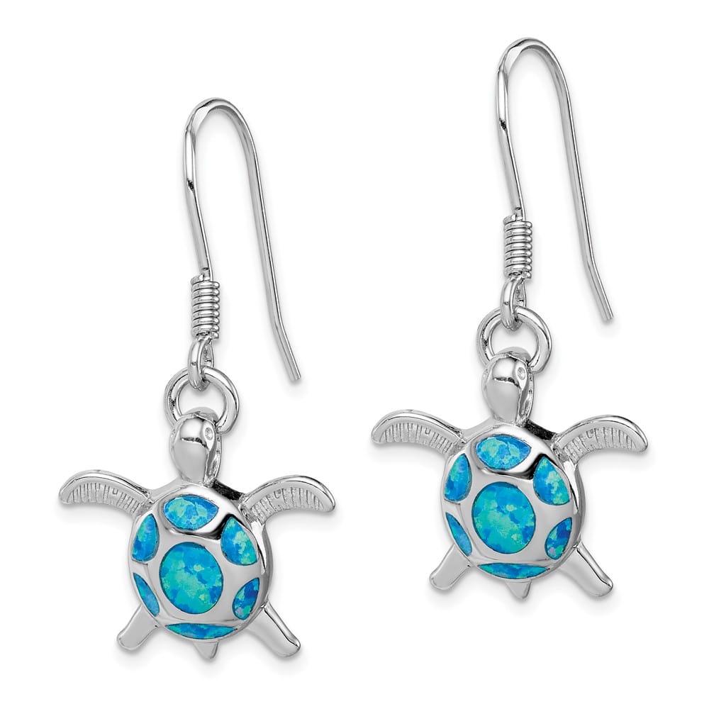 Sterling Silver Created Blue Opal Turtle Shepherd Hook Earrings, view 2 of 4