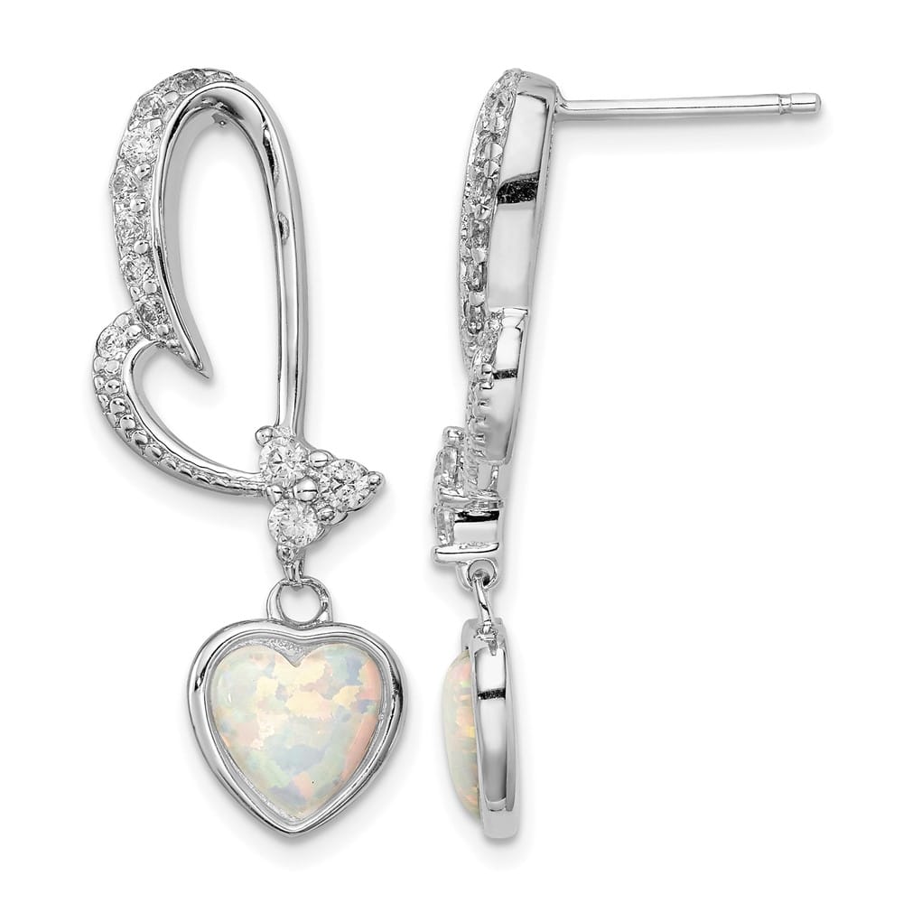 Sterling Silver Created Opal and CZ Heart Dangle Earrings