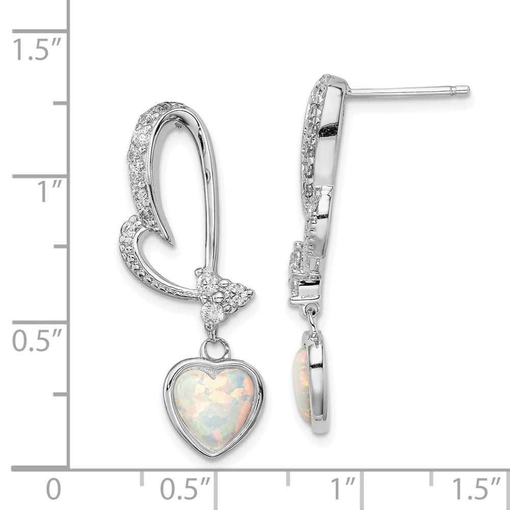 Sterling Silver Created Opal and CZ Heart Dangle Earrings
