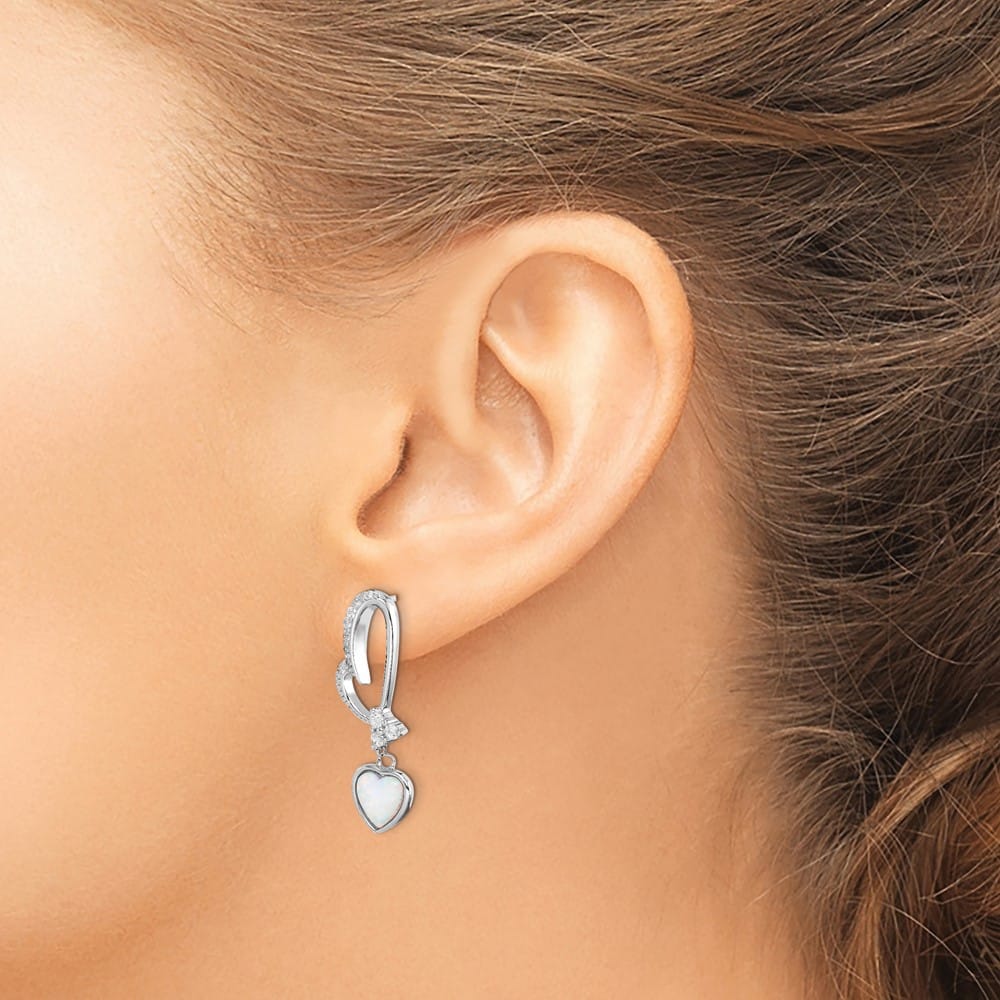 Sterling Silver Created Opal and CZ Heart Dangle Earrings