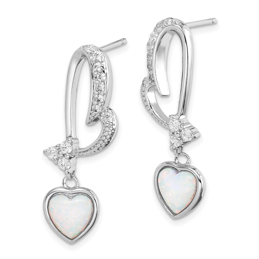 Sterling Silver Created Opal and CZ Heart Dangle Earrings