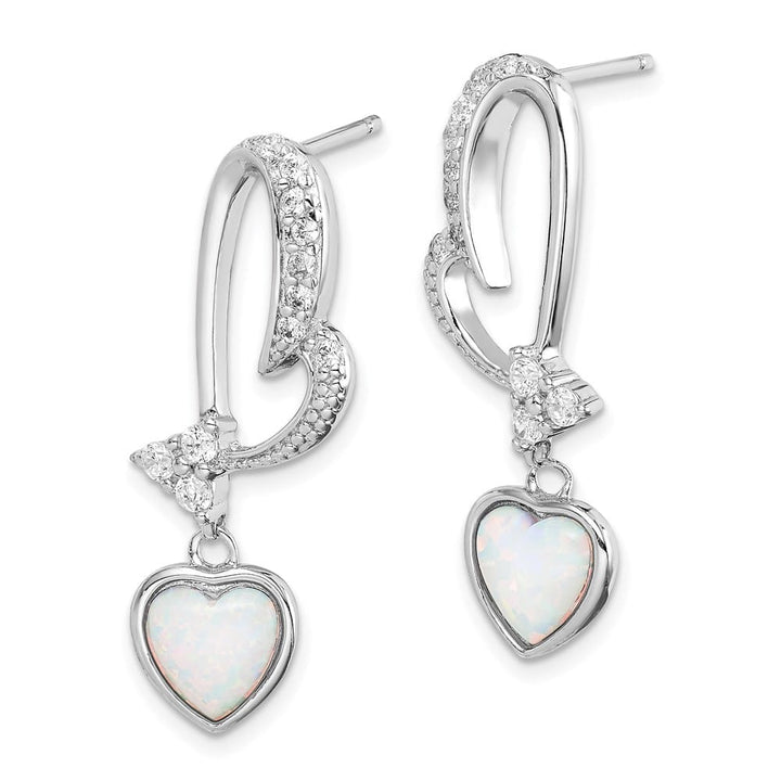 Sterling Silver Created Opal and CZ Heart Dangle Earrings