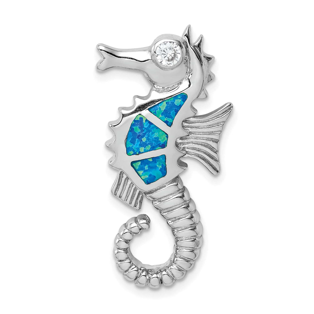Sterling Silver Created Opal and CZ Seahorse Chain Slide