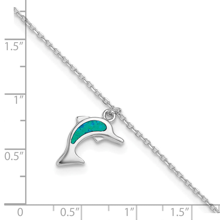Sterling Silver Created Opal Dolphin 9 inch Anklet