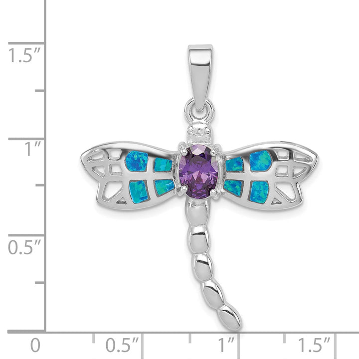 Sterling Silver Created Opal Dragonfly Amethyst Pendant