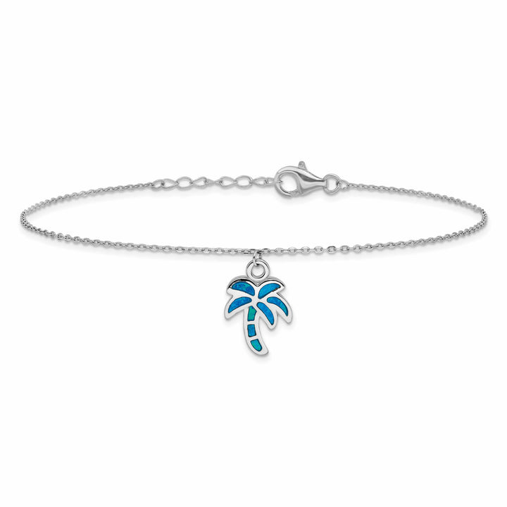 Sterling Silver Created Opal Palm Tree 9 inch Anklet