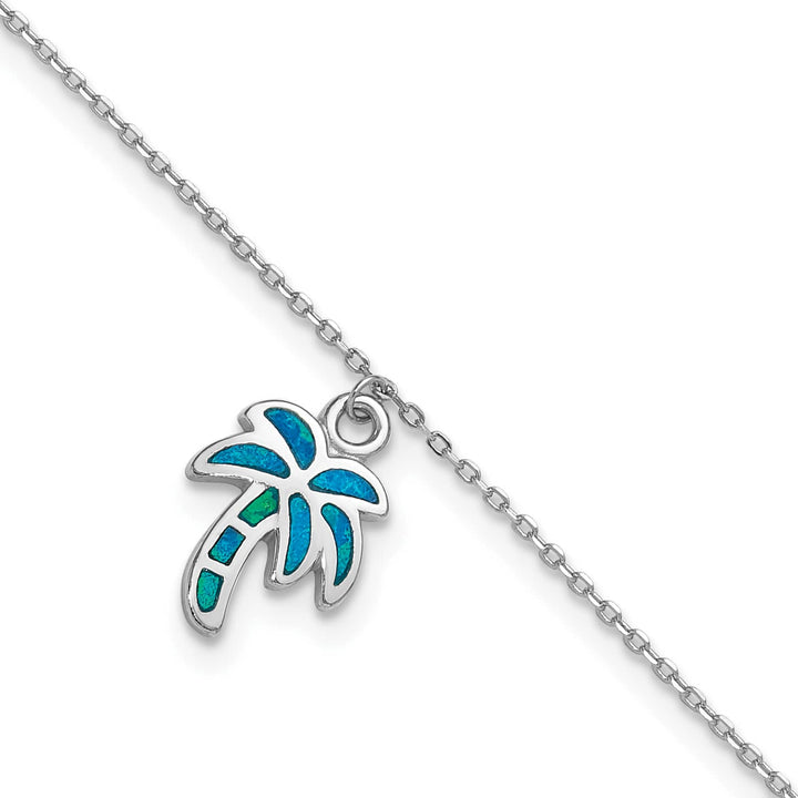 Sterling Silver Created Opal Palm Tree 9 inch Anklet
