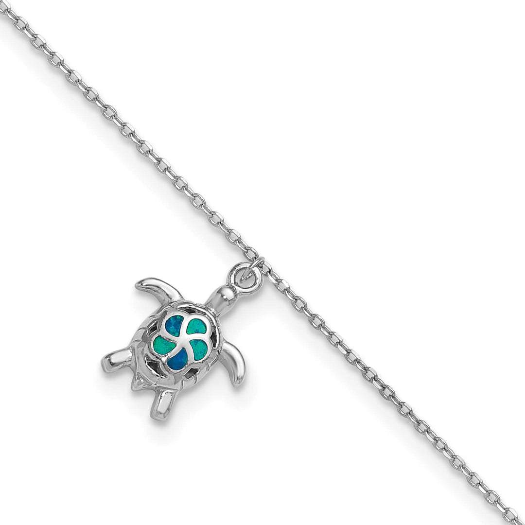Sterling Silver Created Opal Turtle 9 inch Plus 1 inch Extender Anklet