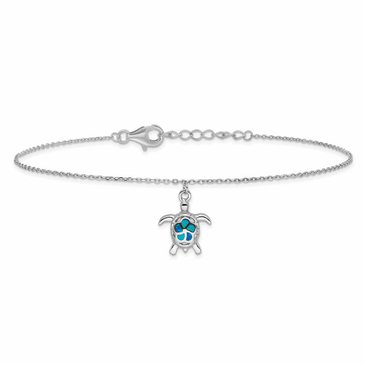 Sterling Silver Created Opal Turtle 9 inch Plus 1 inch Extender Anklet