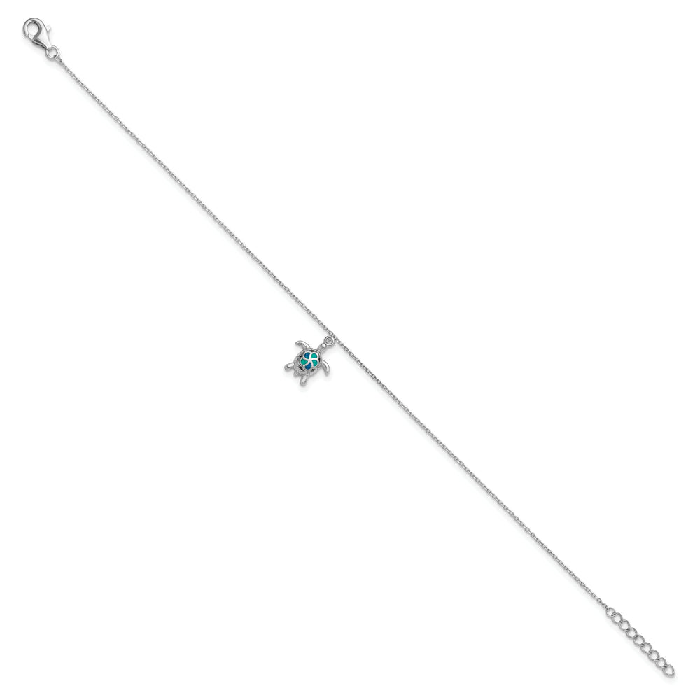Sterling Silver Created Opal Turtle 9 inch Plus 1 inch Extender Anklet