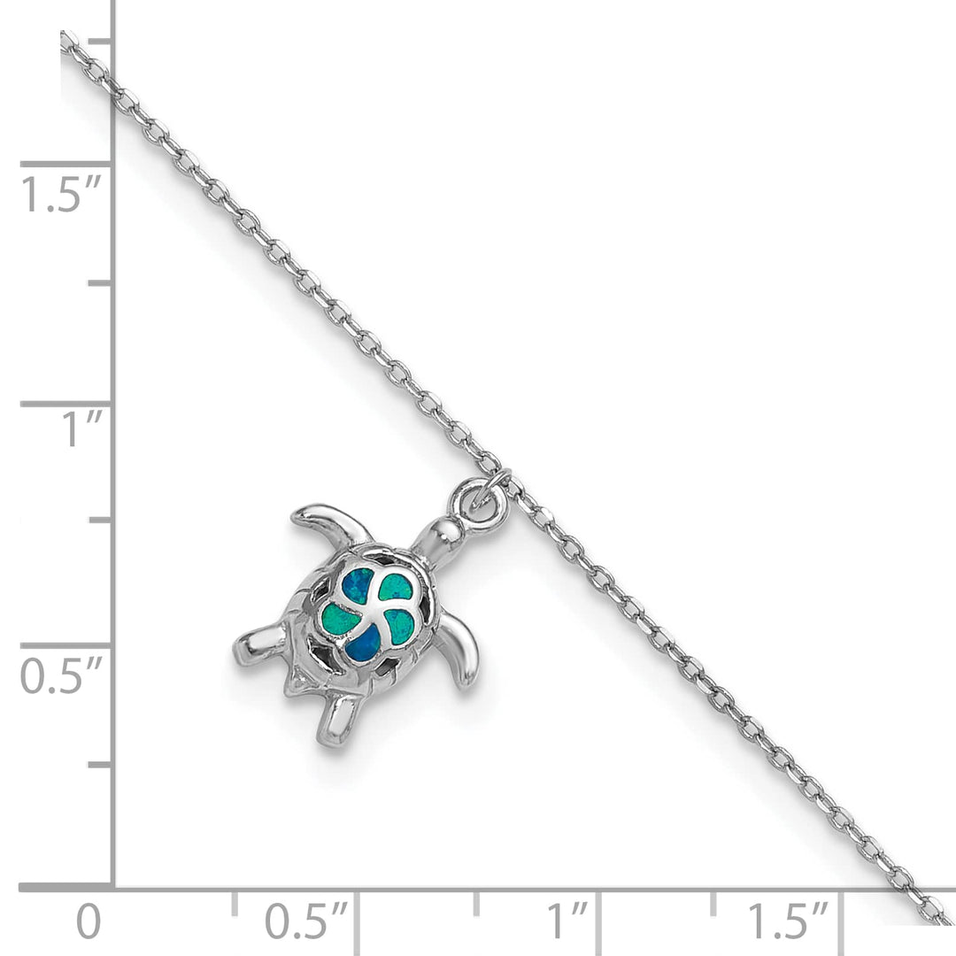 Sterling Silver Created Opal Turtle 9 inch Plus 1 inch Extender Anklet