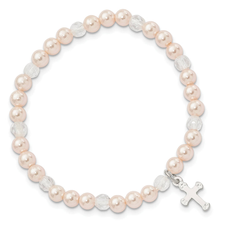 Sterling Silver Cross and Pink Shell Bead and Crystal 45mm Bracelet