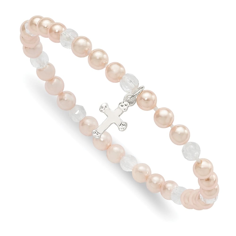Sterling Silver Cross and Pink Shell & Crystal 45mm Stretch Bracelet