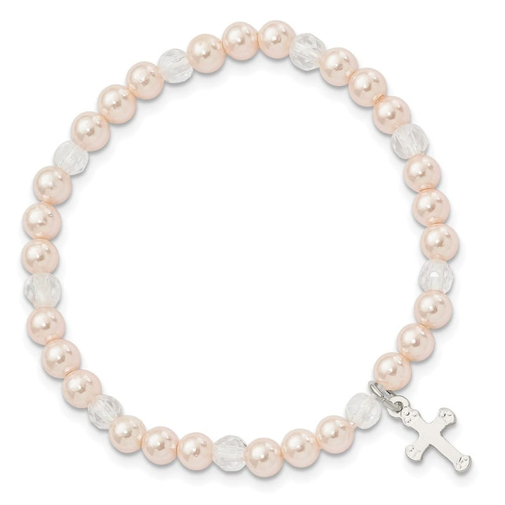Sterling Silver Cross and Pink Shell & Crystal 45mm Stretch Bracelet