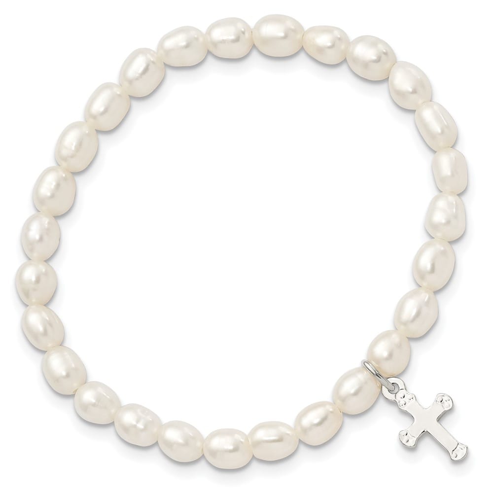 Sterling Silver Cross and Polished FWC Pearl 45mm Stretch Bracelet