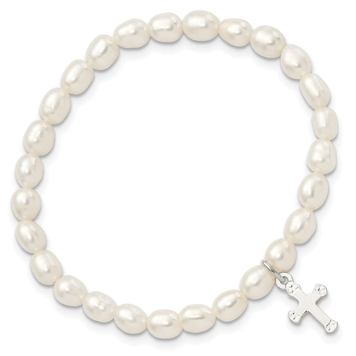 Sterling Silver Cross and Polished FWC Pearl 45mm Stretch Bracelet