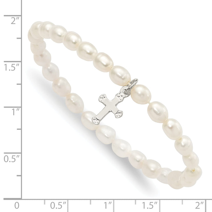 Sterling Silver Cross and Polished FWC Pearl 45mm Stretch Bracelet