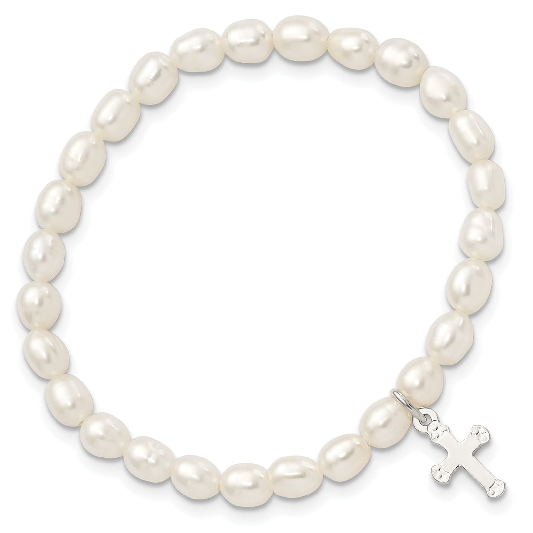 Sterling Silver Cross and Polished FWC Pearl 45mm Stretch Bracelet