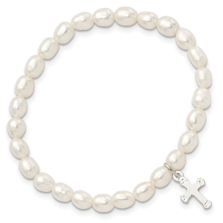 Sterling Silver Cross and Polished FWC Pearl 45mm Stretch Bracelet
